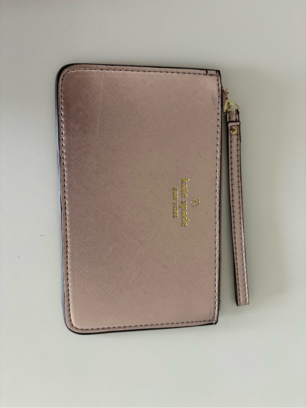 Kate Spade Metallic Rose Gold Shimmer Wristlet Gold Logo 100% Cow Leather